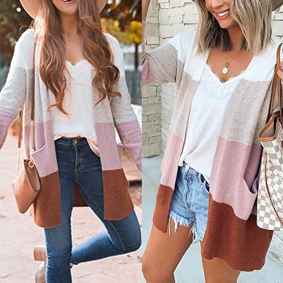 Sweaters - boho Color block mid length cardigan